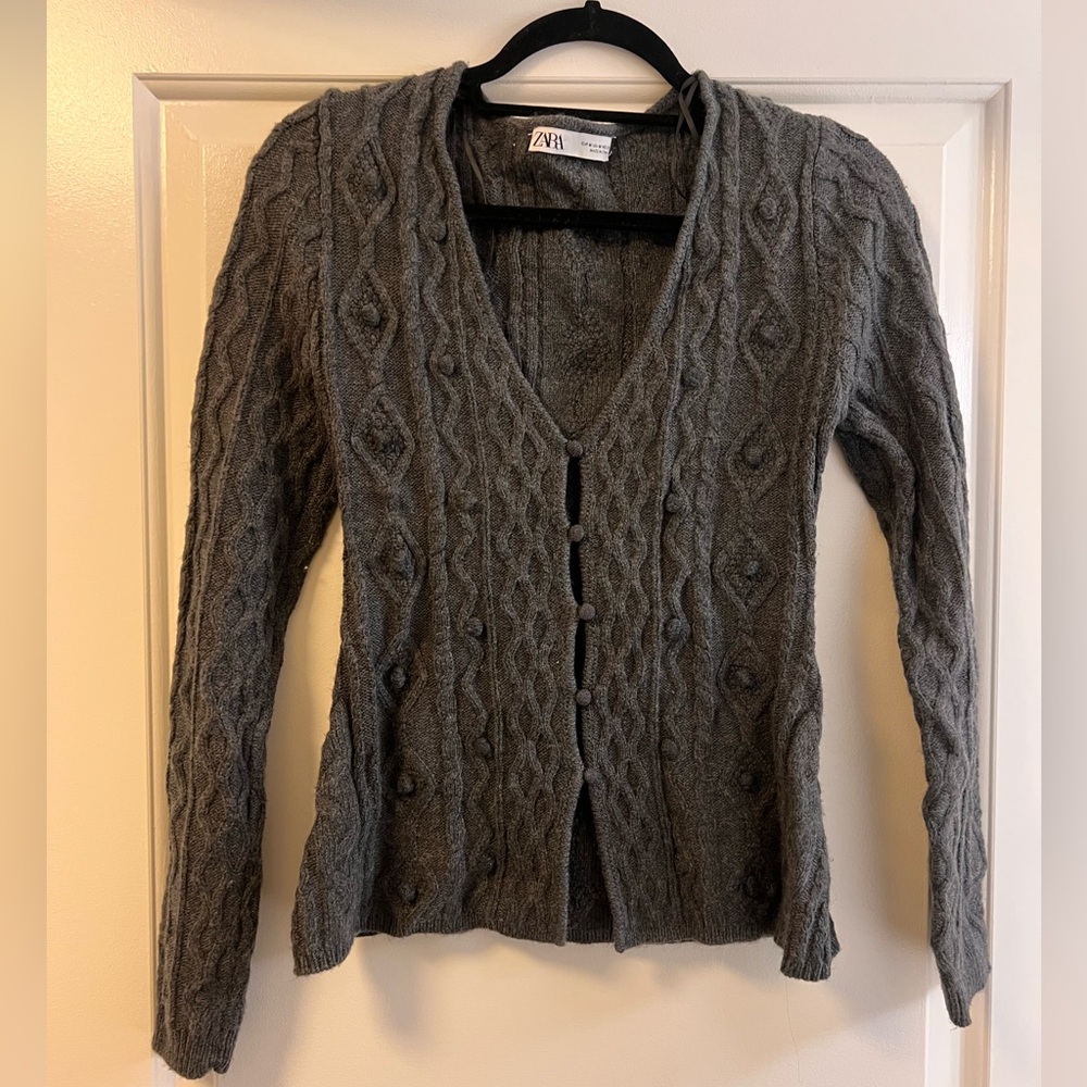 Zara Cable Knit Cardigan - Grey, Medium